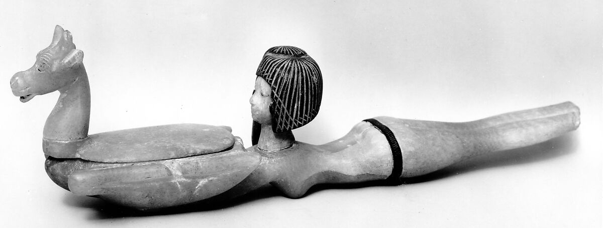 Cosmetic Spoon in the Shape of Swimming Woman Holding a Dish, Travertine (Egyptian alabaster), steatite