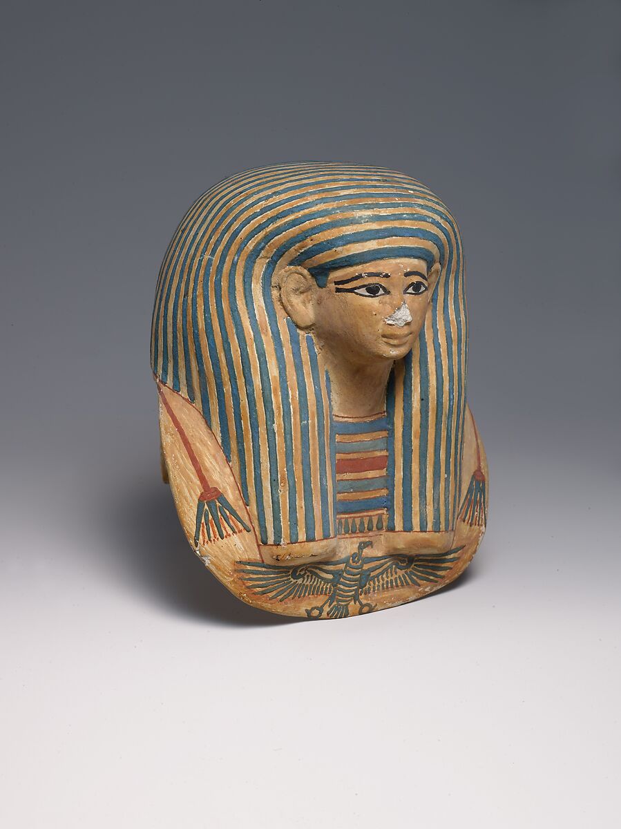 Miniature Mask for a Canopic bundle, Cartonnage, paint