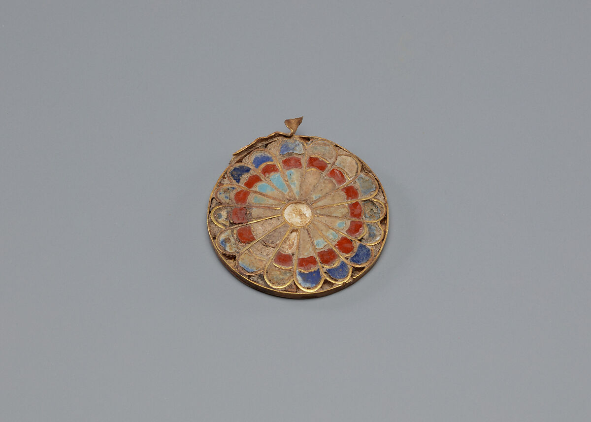 Inlaid Rosette, Gold, faience, red jasper, blue glass 