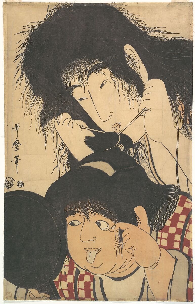 Yamauba Tying Kintarō’s Topknot, Kitagawa Utamaro (Japanese, ca. 1754–1806), Woodblock print (nishiki-e); ink and color on paper, Japan 