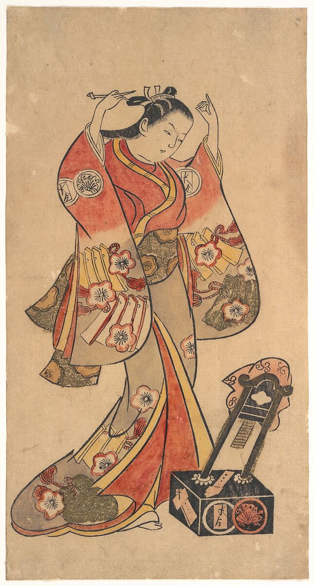 Portrait of Sanjō Kantarō in the Female Role of Yaoya Oshichi in the Play "Fuji no Takane" ("The High Peak of Mount Fuji"), Attributed to Torii Kiyomasu II (Japanese, 1706–1763), Tan-e (hand-colored print); ink and color on paper, Japan 