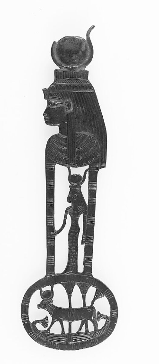 Menat counterpoise with figures of Hathor as a woman and a cow, cupreous alloy