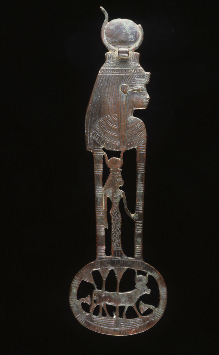 Menat counterpoise with figures of Hathor as a woman and a cow, cupreous alloy