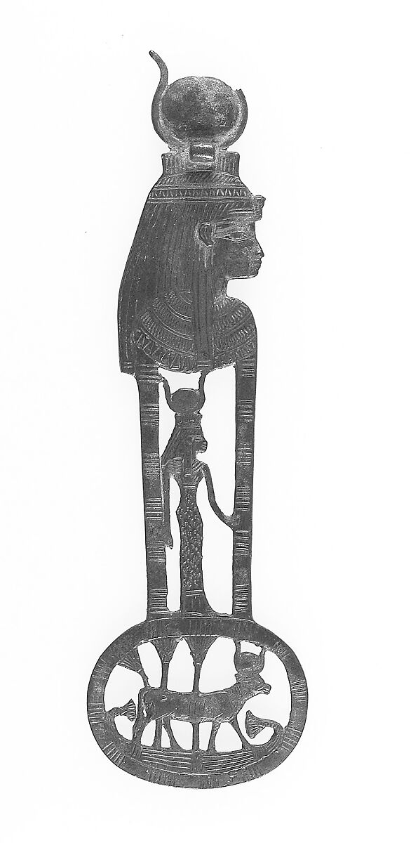 Menat counterpoise with figures of Hathor as a woman and a cow, cupreous alloy