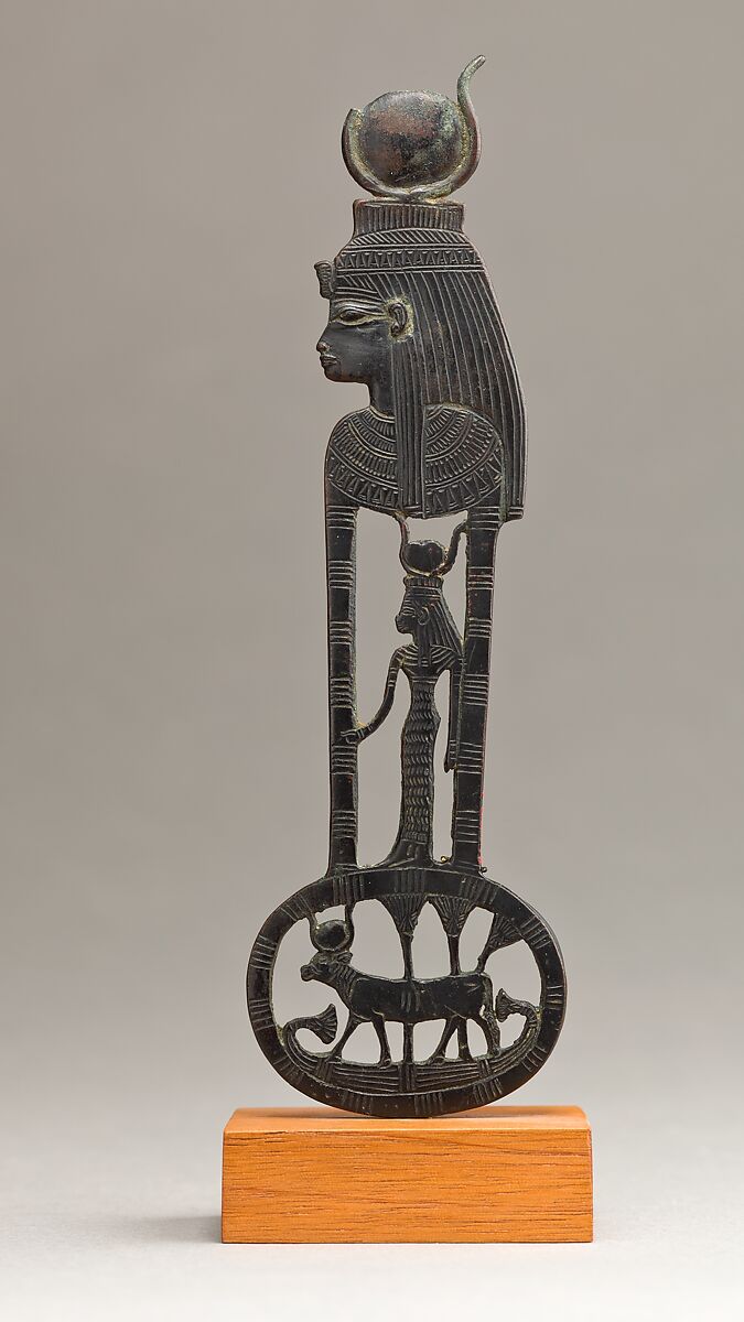 Menat counterpoise with figures of Hathor as a woman and a cow, cupreous alloy