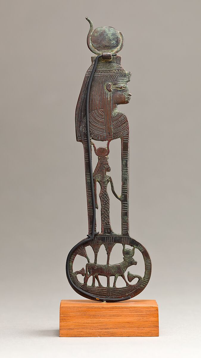 Menat counterpoise with figures of Hathor as a woman and a cow, cupreous alloy