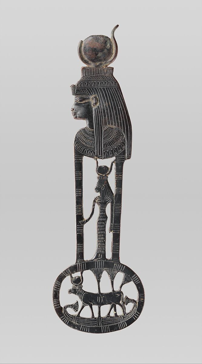 Menat counterpoise with figures of Hathor as a woman and a cow, cupreous alloy 