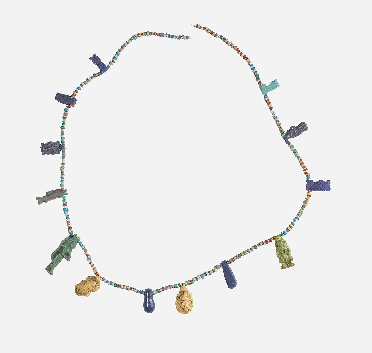 Necklace with Amulets, Faience (green, yellow, grey); glass (violet) 