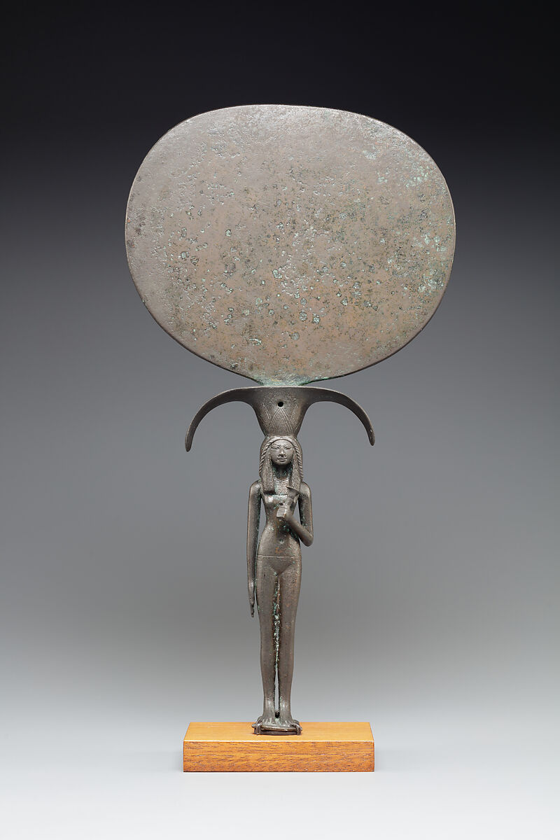 Mirror with a Handle in the Shape of a Young Woman Holding a Papyrus Umbel, Bronze 