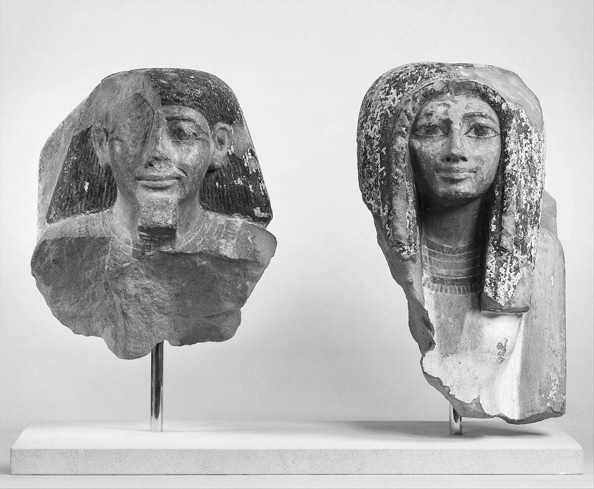 Head and Shoulders of a Man from a Pair Statue, Sandstone, paint