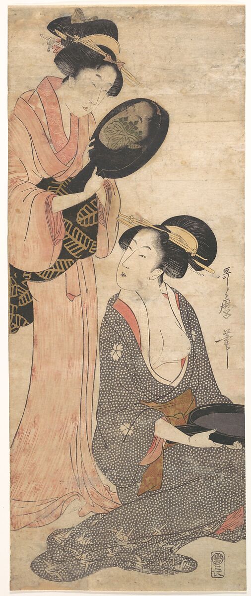 Two Ladies, Each with a Portion of a Lacquered Mirror, Kitagawa Utamaro (Japanese, ca. 1754–1806), Woodblock print; ink and color on paper, Japan 