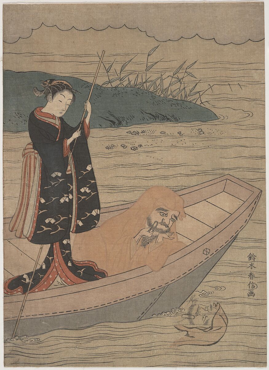 Daruma in a Boat with an Attendant, Suzuki Harunobu (Japanese, 1725–1770), Woodblock print; ink and color on paper, Japan 