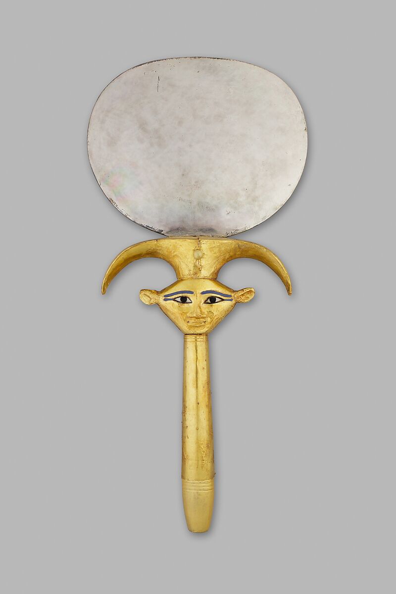 Mirror with Hathor Emblem Handle, Silver disk with a wood (modern) handle sheathed in gold; the inlays are modern 