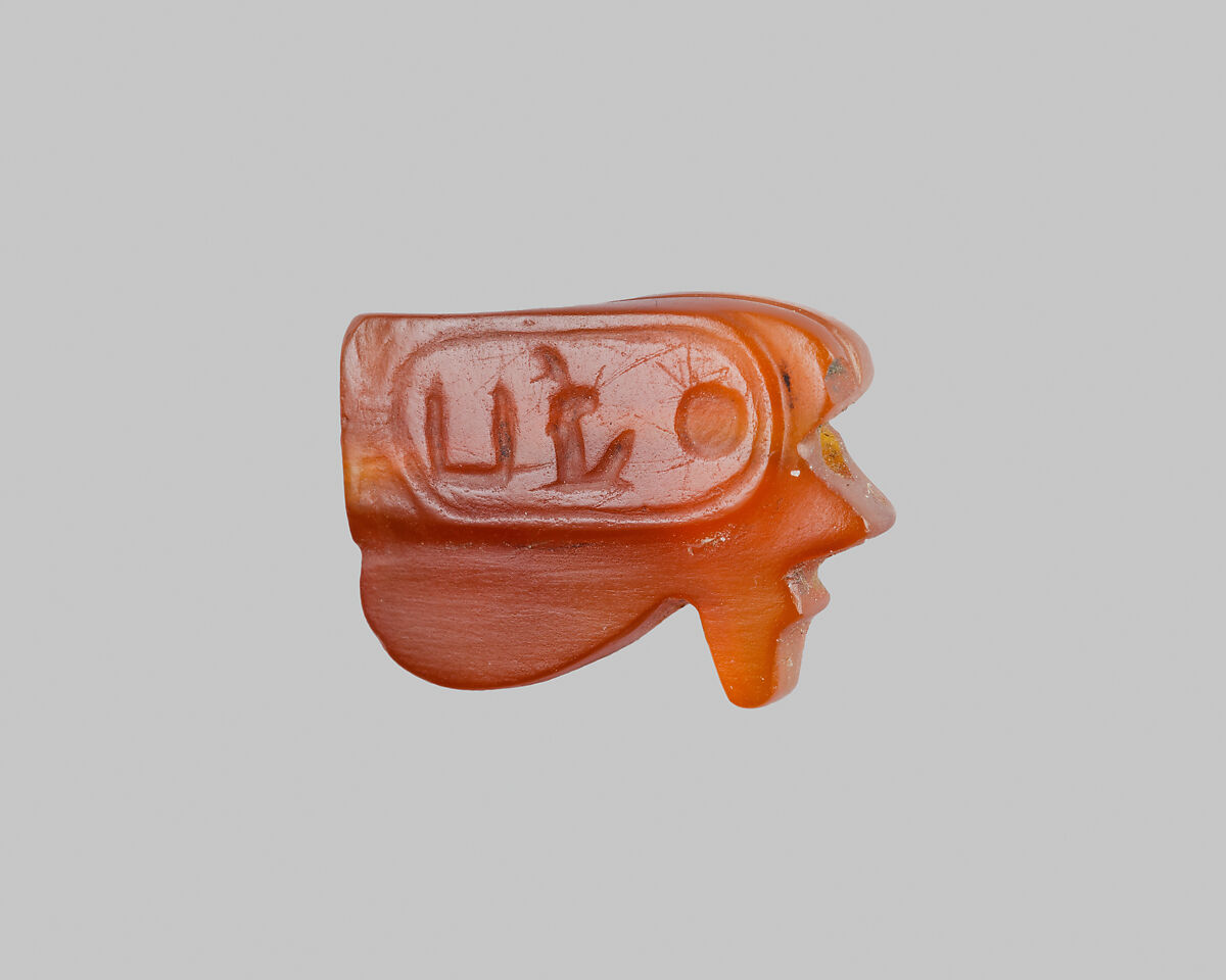 Wedjat-Eye Design Amulet Inscribed with the Cartouche Maatkare (Hatshepsut), Carnelian
