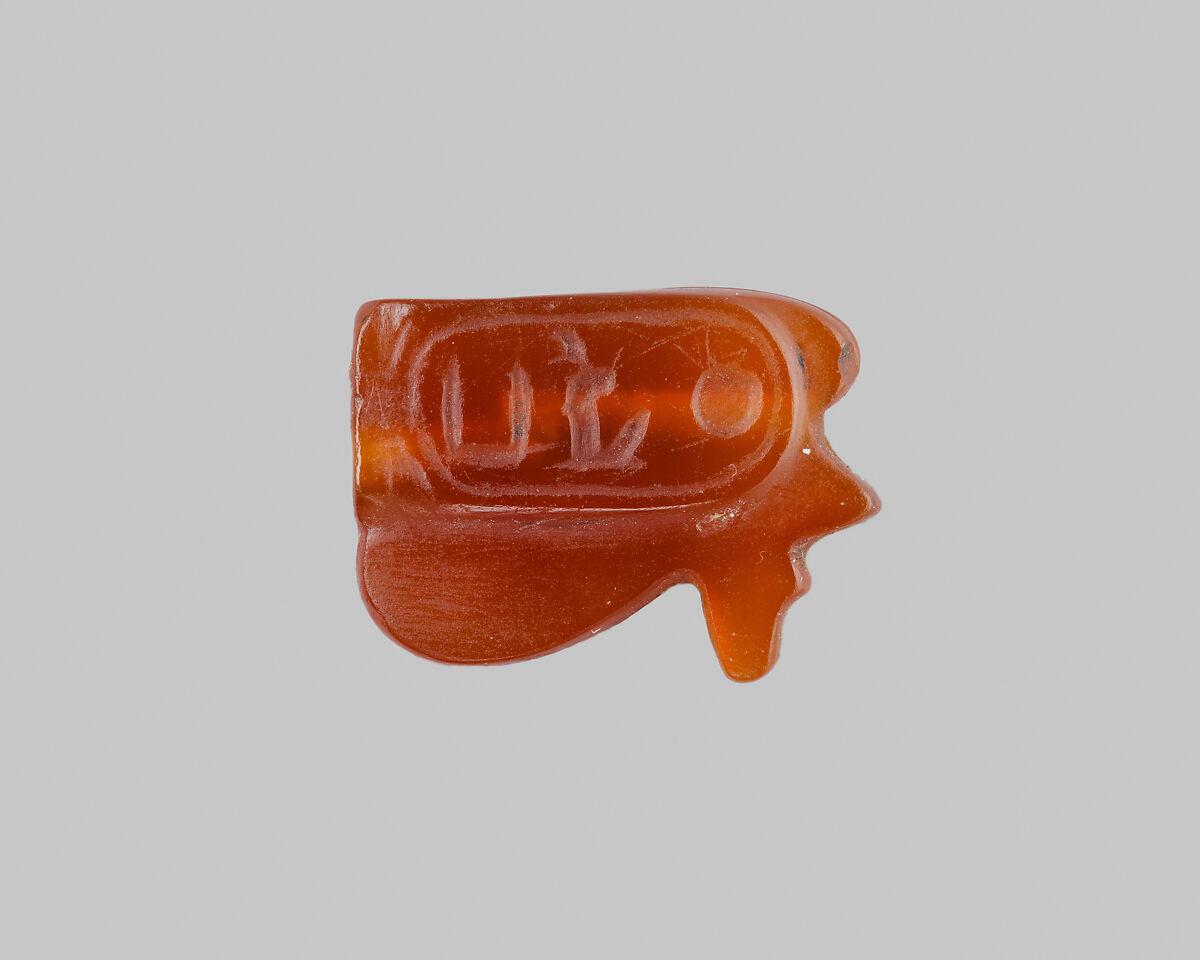 Wedjat-Eye Design Amulet Inscribed with the Cartouche Maatkare (Hatshepsut), Carnelian 