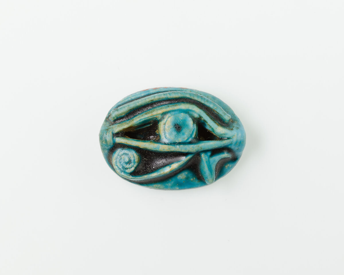 Wedjat-Eye Design Amulet Inscribed With the Cartouche Maatkare (Hatshepsut), Glazed steatite