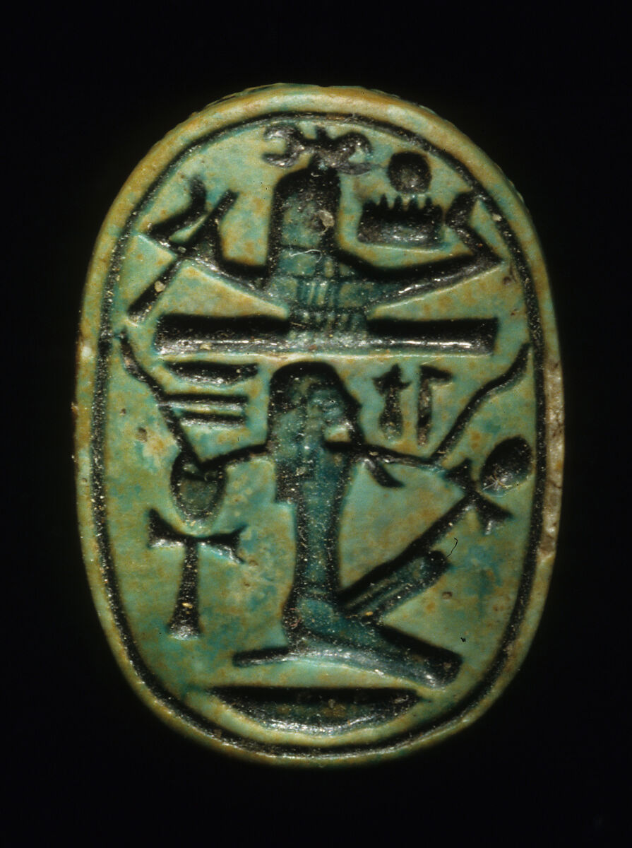 Scarab with Figure Upholding a Sacred Boat, Steatite (glazed) 