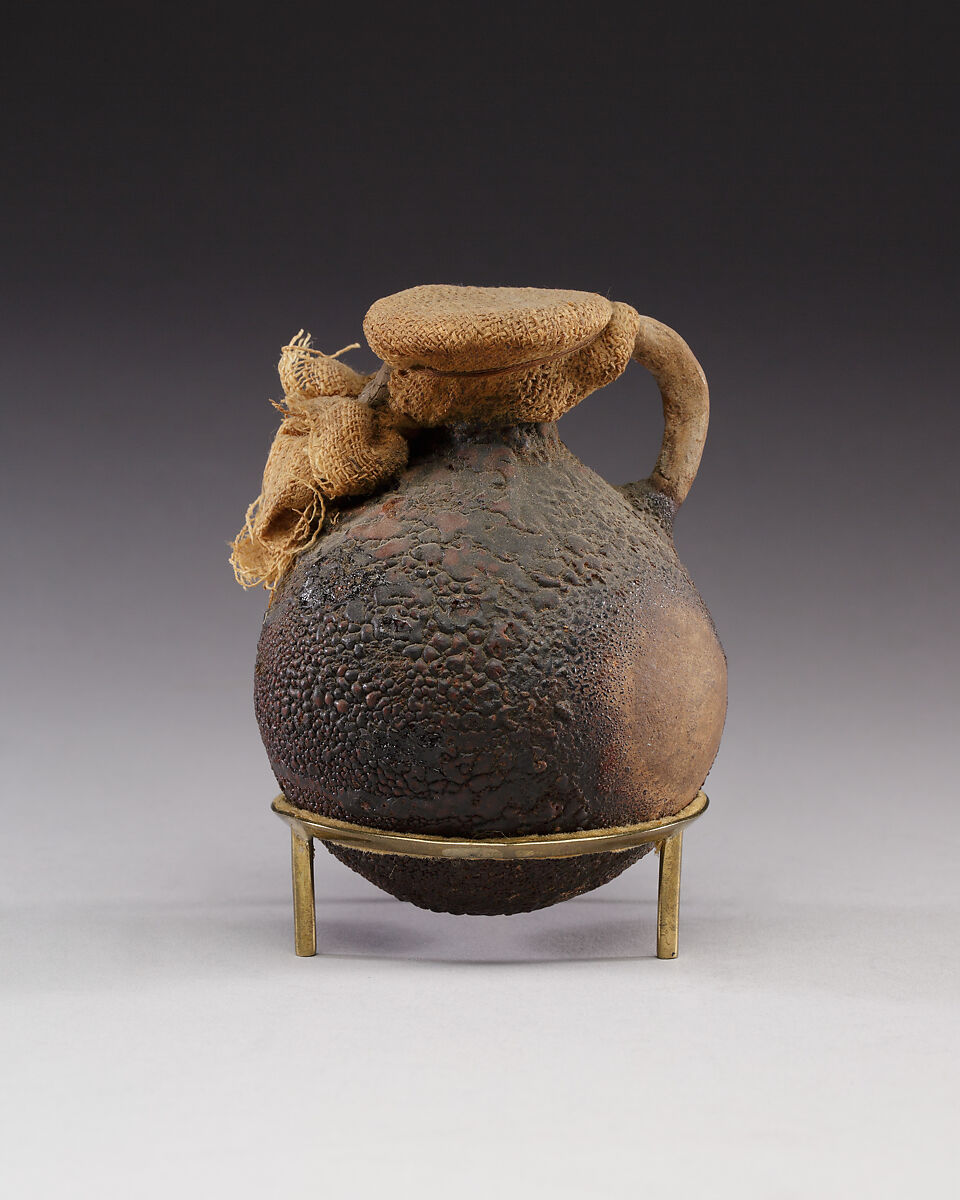 Small Jug sealed with Cloth, Pottery, linen, mud