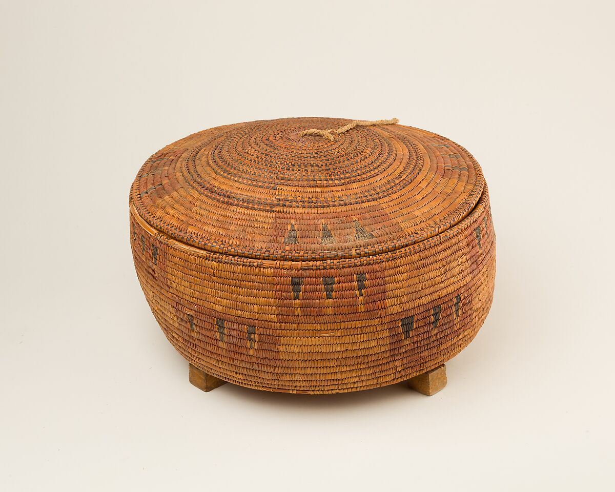 Circular Lided Basket on a Wood Stand, Halfa grass, palm leaf, linen cord, wood 
