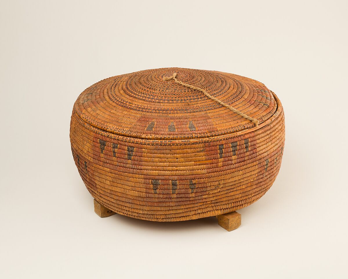 Circular Lided Basket on a Wood Stand, Halfa grass, palm leaf, linen cord, wood