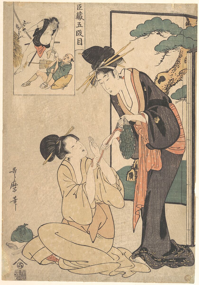 A Woman Snatching a Bag of Sweetmeats from Her MotHer, Kitagawa Utamaro (Japanese, ca. 1754–1806), Woodblock print; ink and color on paper, Japan 
