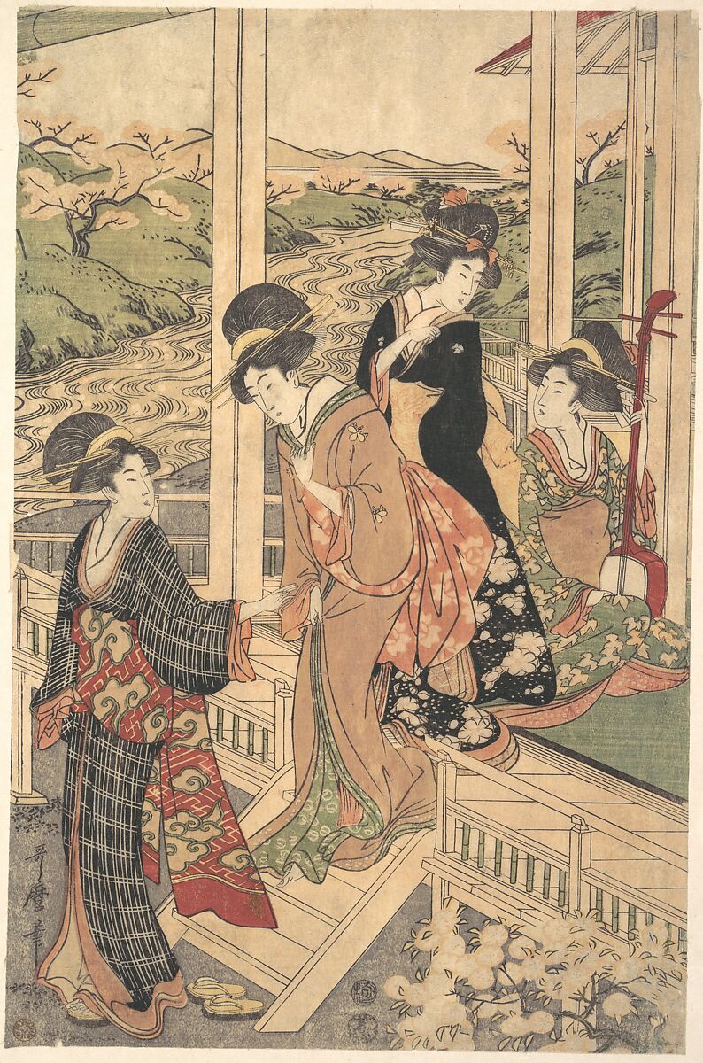 Group of Women on the Engawa of a Country House, in the time of the Cherry Blossoming, Utamaro II (Japanese (died 1831?)), Woodblock print; ink and color on paper, Japan 