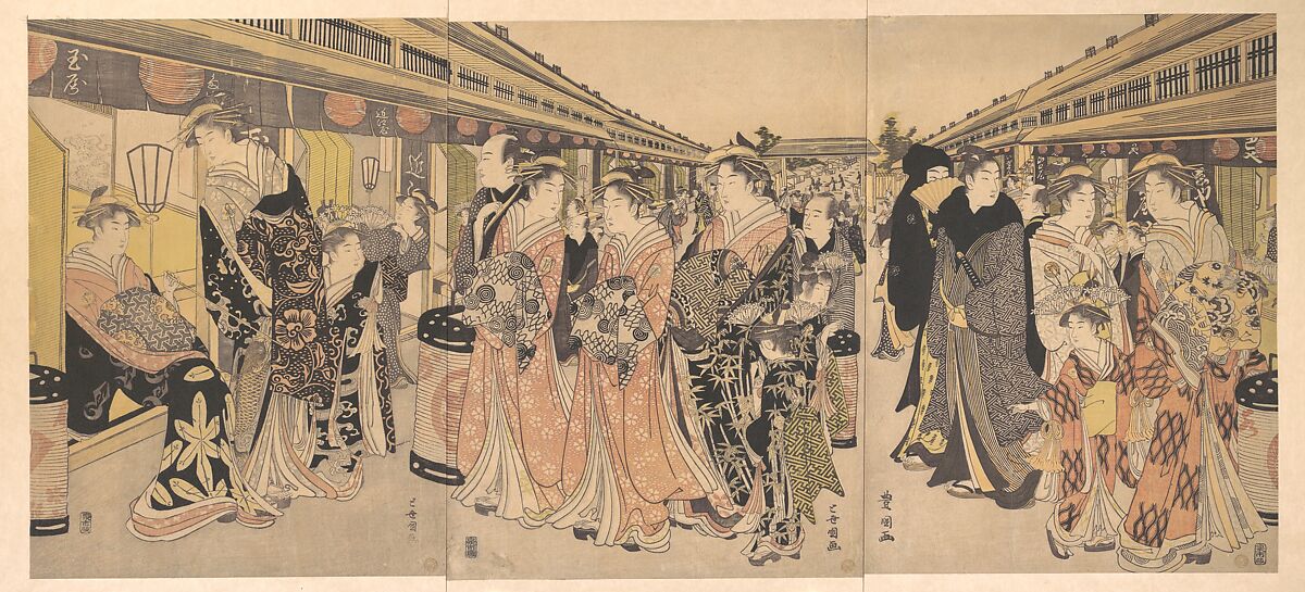 Courtesans Promenading on the Nakanochō in Yoshiwara, Utagawa Toyokuni I (Japanese, 1769–1825), Triptych of woodblock prints; ink and color on paper, Japan 