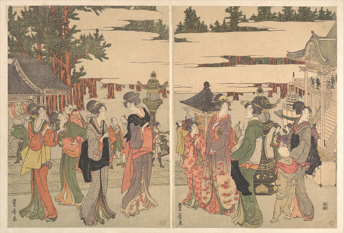 Horinouchi Myo-ho-ji Eho Mairi no Zu, Utagawa Toyohiro (Japanese, 1763–1828), Two sheets of a pentaptych of woodblock prints; ink and color on paper, Japan 