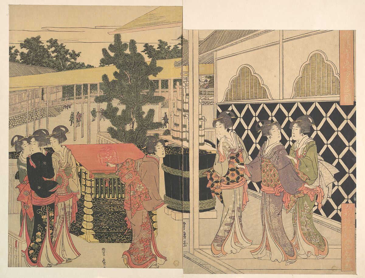 Pilgrimage to Myōhōji in Horinouchi, Edo, Utagawa Toyohiro (Japanese, 1763–1828), Two sheets of a pentaptych of woodblock prints; ink and color on paper, Japan 
