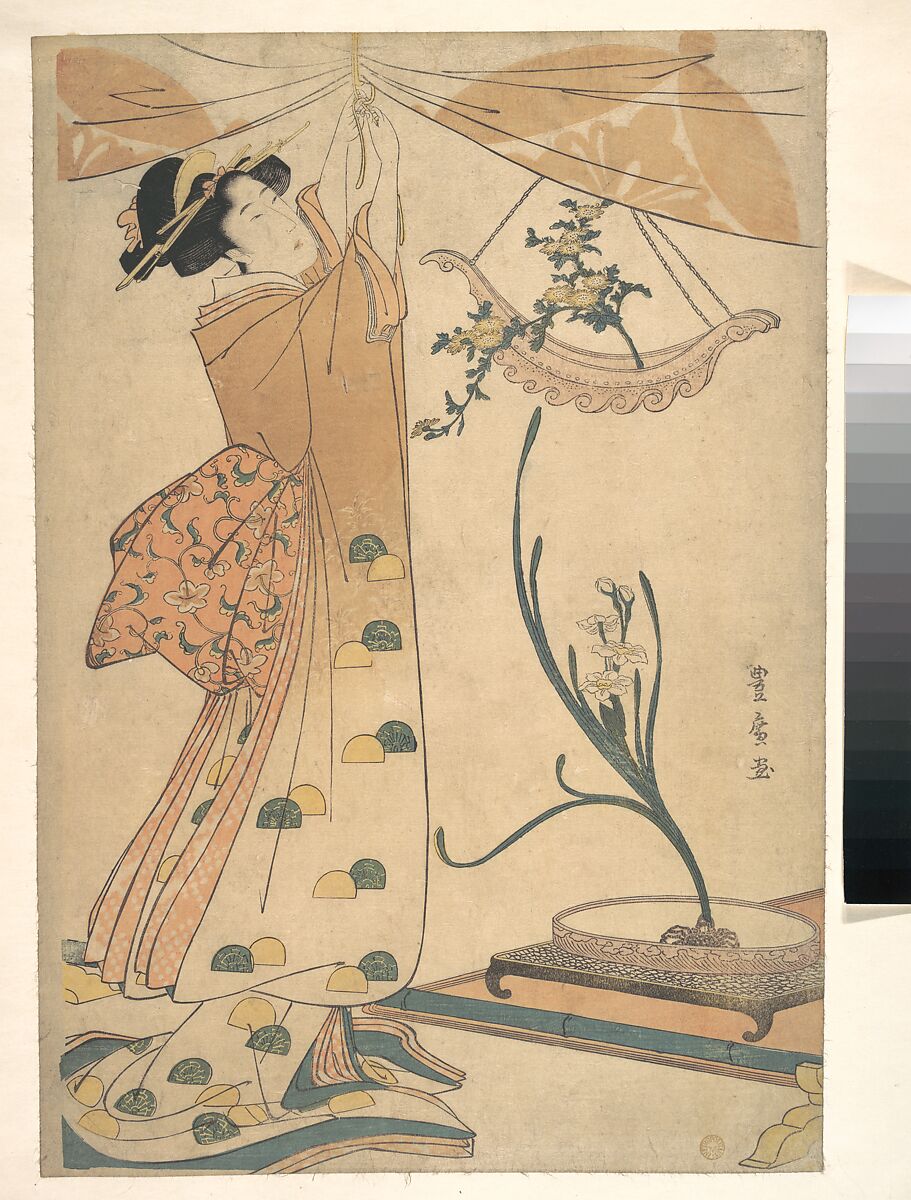A Woman Tying up a Curtain, a Flower Arrangement of Chrysanthemums in a Boat-shaped Hanging Vase, and Narcissus Arranged in a Flower Vase, Utagawa Toyohiro (Japanese, 1763–1828), One sheet of a triptych(?) of woodblock prints; ink and color on paper, Japan 