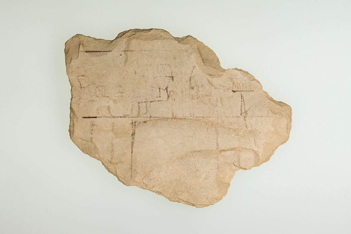 Ostracon With an Artist's Sketch of a Tomb Scene, Limestone, ink
