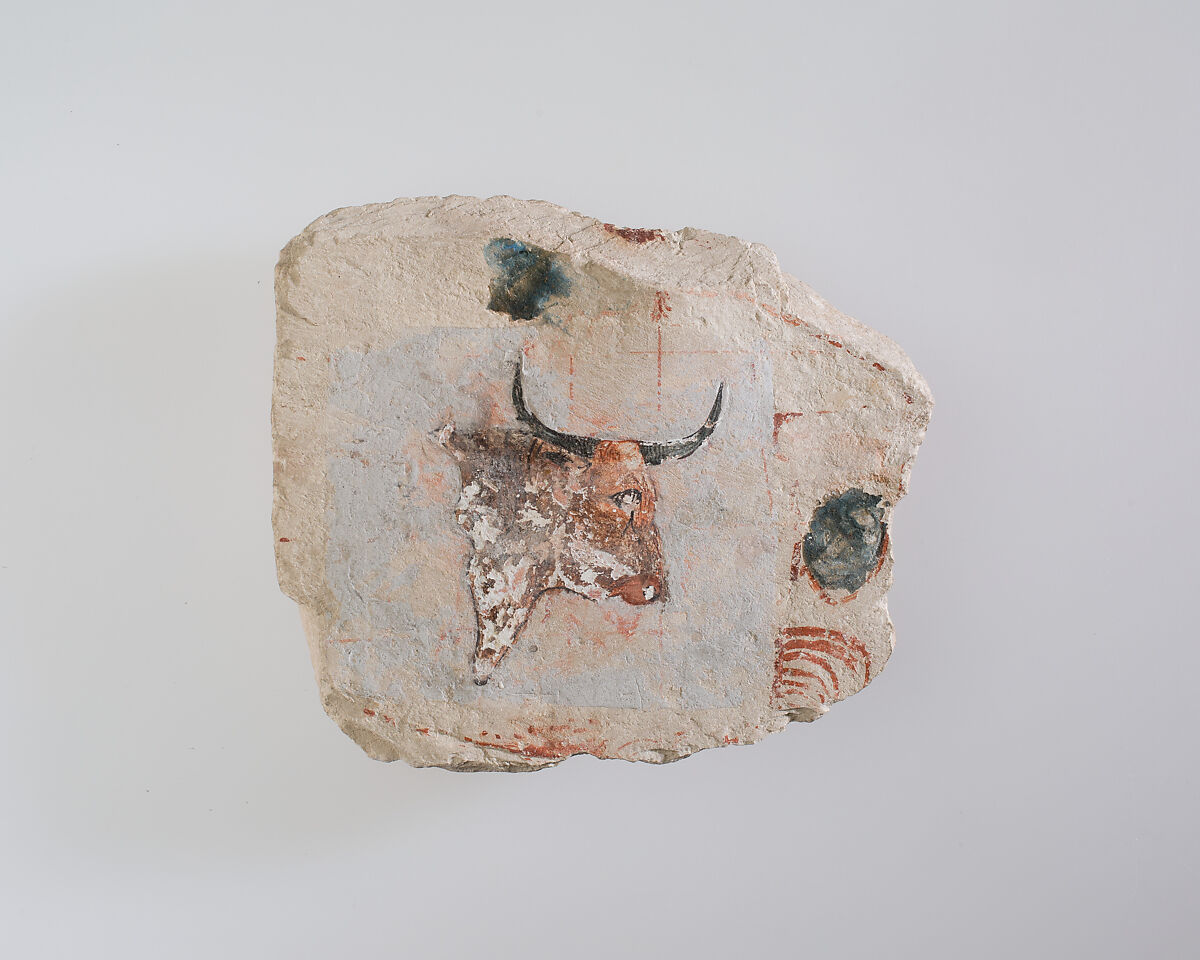 Ostracon Depicting a Bull's Head, Limestone, paint 