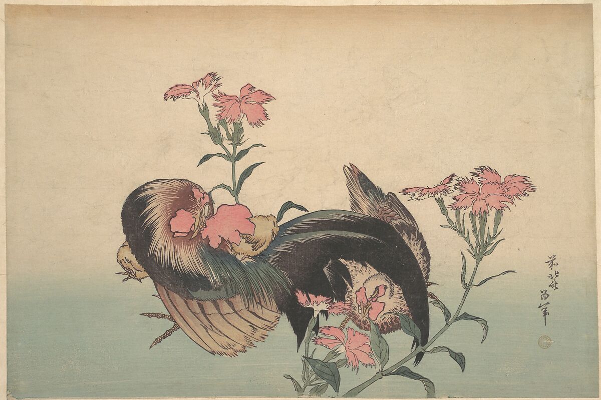 Cock, Hen, and Nadeshiko (Dianthus Superbus), Katsushika Hokusai (Japanese, Tokyo (Edo) 1760–1849 Tokyo (Edo)), Woodblock print; ink and color on paper, Japan 