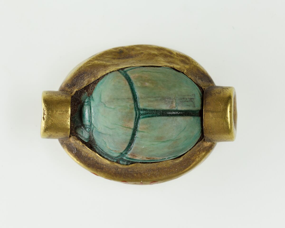 Scarab Set in a Ring Bezel, Gold, glazed steatite