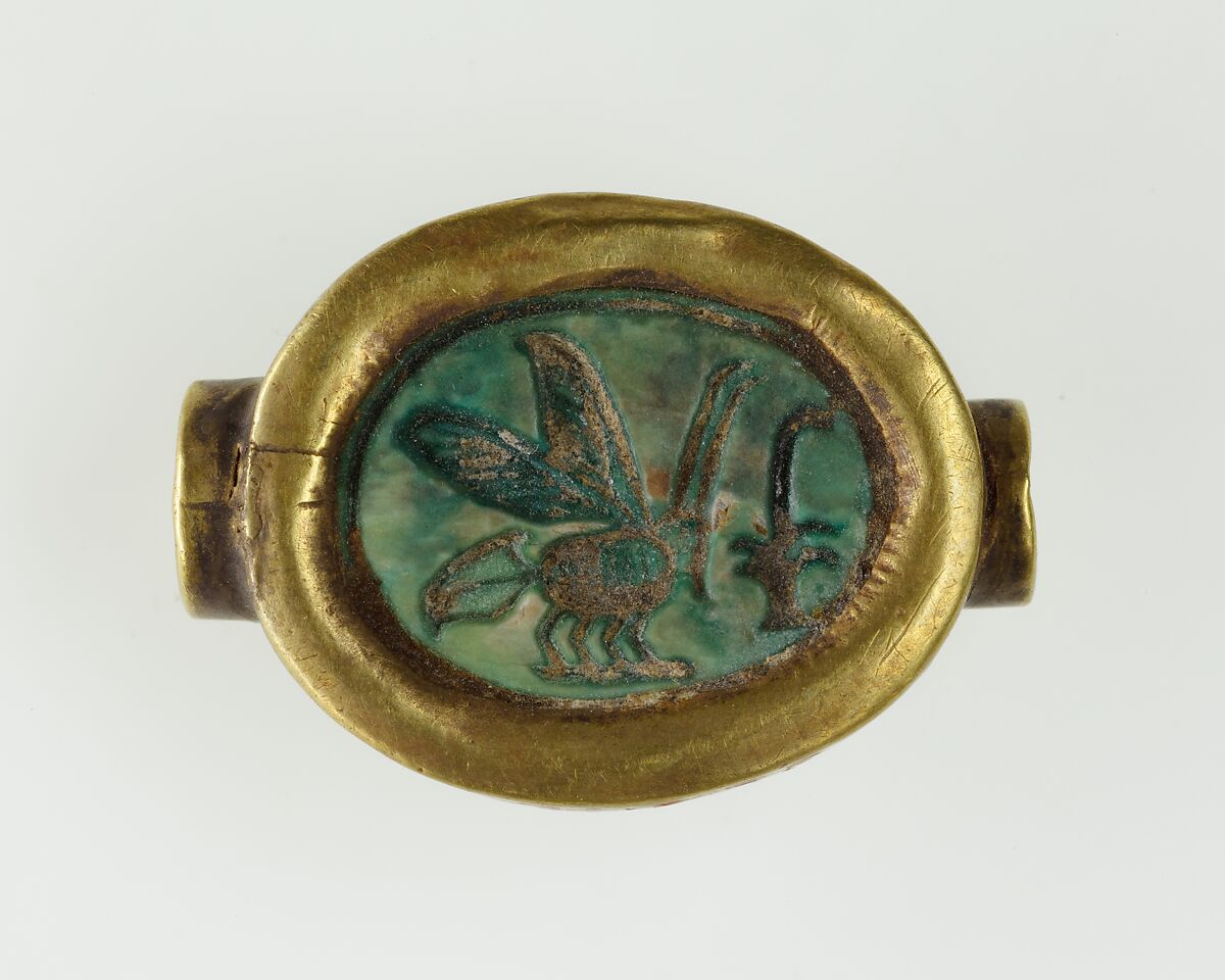 Scarab Set in a Ring Bezel, Gold, glazed steatite 