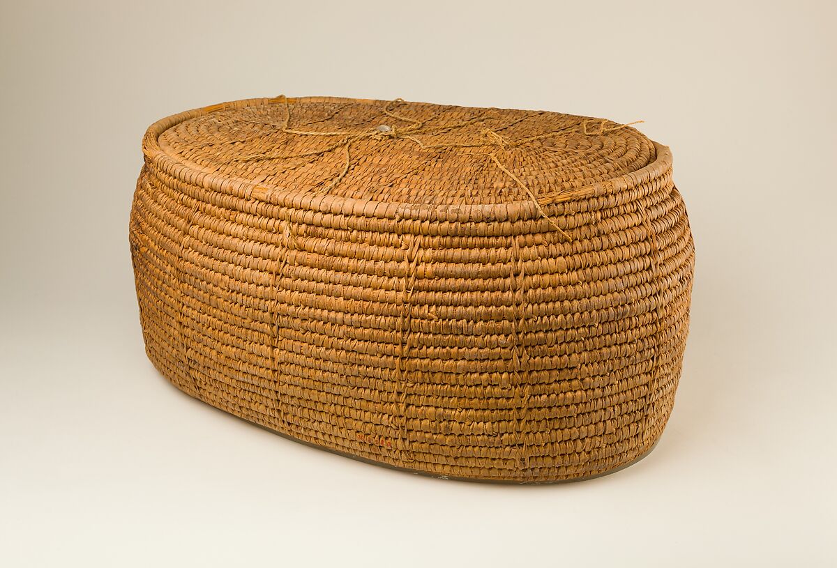 Large Oval Storage Basket, Halfa grass, palm leaf, linen cord 