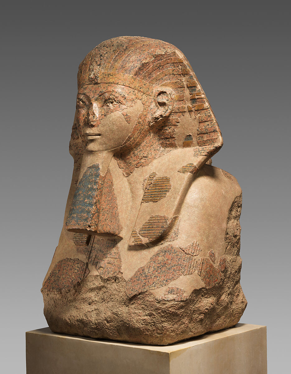 Head and Shoulders of a Sphinx of Hatshepsut, Granite, paint