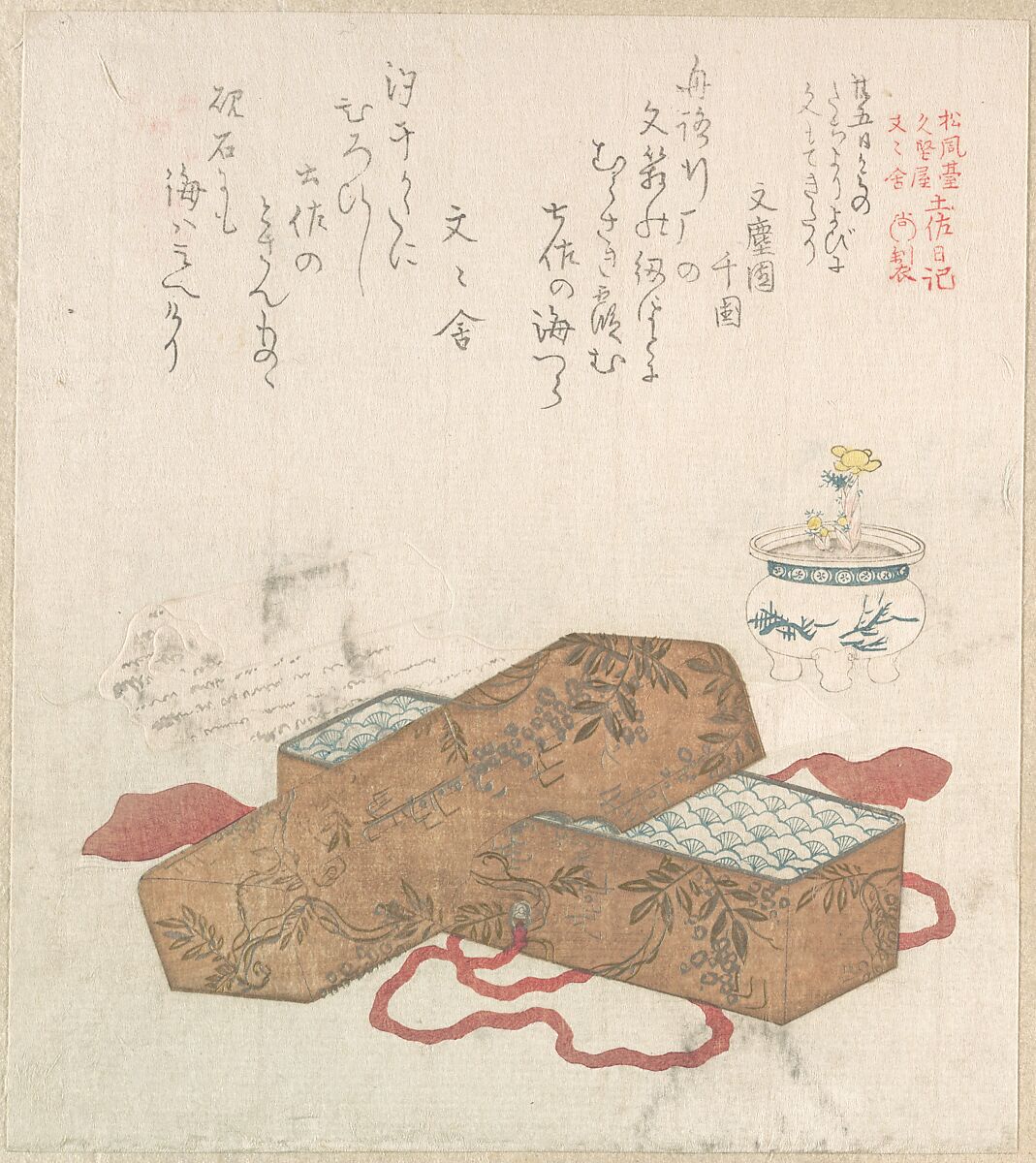 Letter-Box with Letter and Potted Flower, Kubo Shunman (Japanese, 1757–1820) (?), Woodblock print (surimono); ink and color on paper, Japan 
