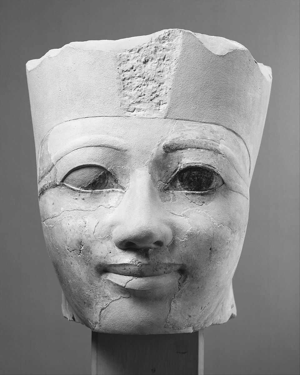 Head of an Osiride Statue of Hatshepsut Originally in the Temple Sanctuary SE Corner, Limestone, paint 