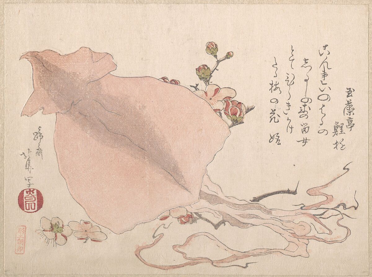 Dried Cuttle-Fish and Plum Blossoms, Teisai Hokuba (Japanese, 1771–1844), Woodblock print (surimono); ink and color on paper, Japan 