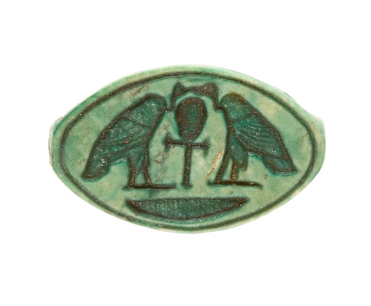 Cowroid Seal Amulet Inscribed with a Hieroglyphic Motif, Steatite (glazed) 