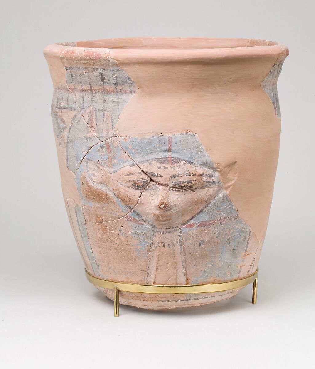 Upper Portion of a Blue-painted Hathor Jar, pottery, slip, paint