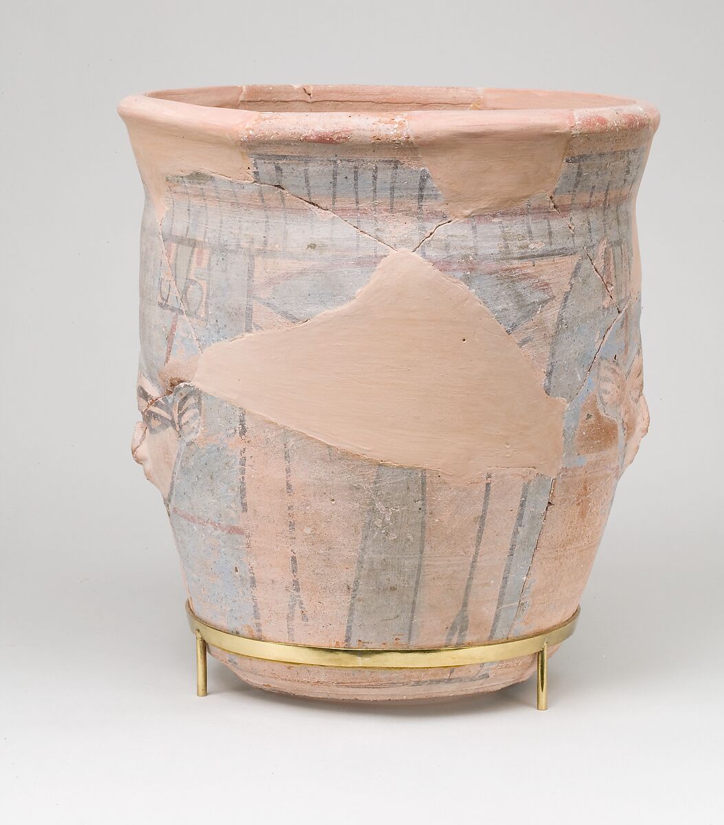 Upper Portion of a Blue-painted Hathor Jar, pottery, slip, paint