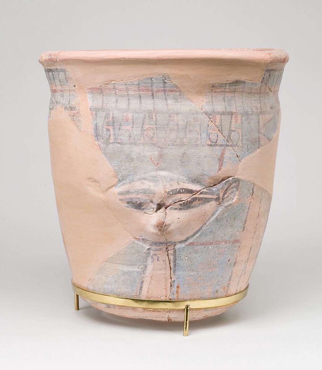 Upper Portion of a Blue-painted Hathor Jar, pottery, slip, paint