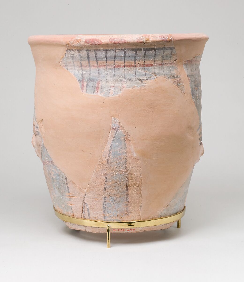 Upper Portion of a Blue-painted Hathor Jar, pottery, slip, paint
