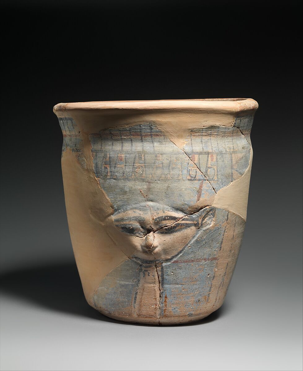 Upper Portion of a Blue-painted Hathor Jar, pottery, slip, paint 