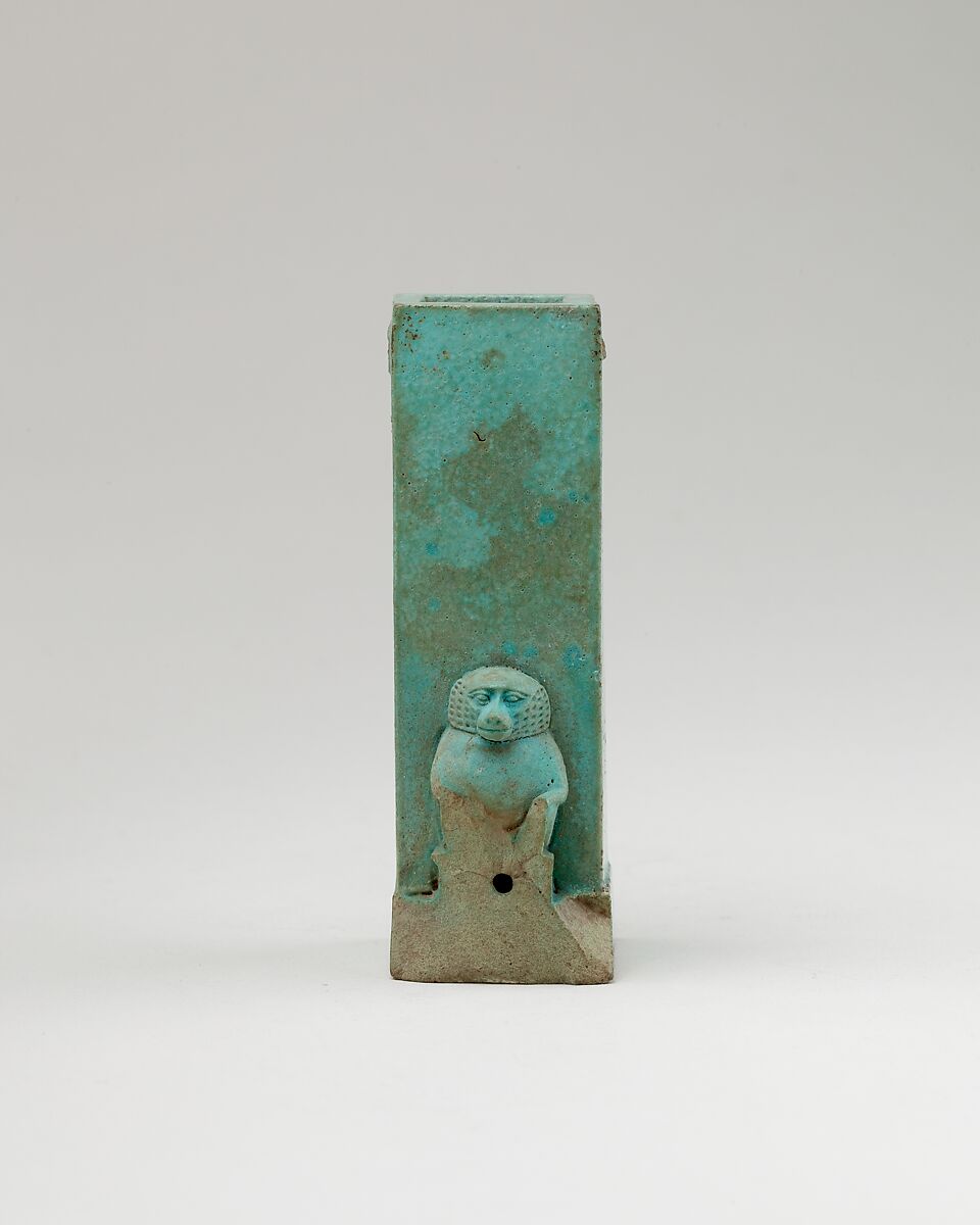 Clepsydra or water clock with squatting babooon, Faience 