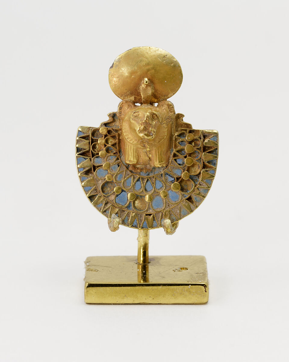 Amuletic aegis of Bastet or Sakhmet, Gold, Egyptian blue