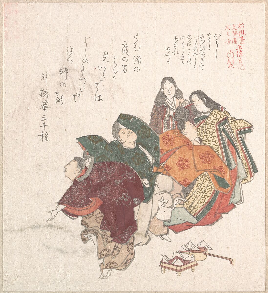 Men and Women in Court Costume Dancing, Kubo Shunman (Japanese, 1757–1820) (?), Woodblock print (surimono); ink and color on paper, Japan 