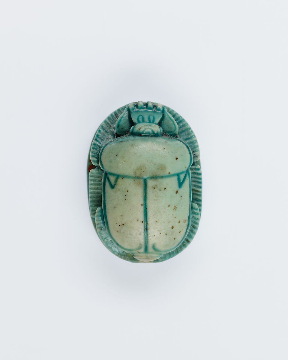 Scarab Depicting Ramesses II Smiting a Prisoner Before Amun, Steatite, glazed